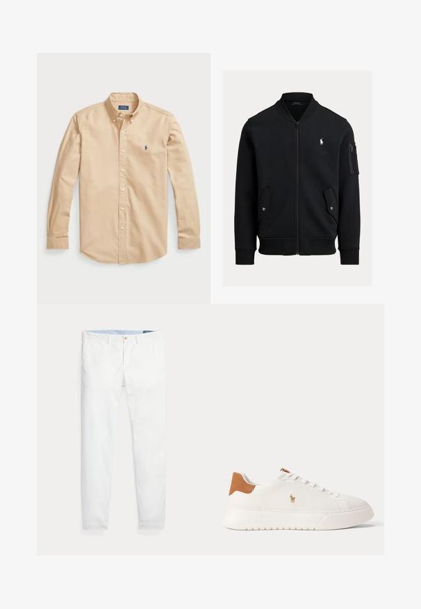 Čierna bomber bunda na zips s rebrovaným golierom, manžetami a lemom, dvomi prednými vreckami na cvoky, vreckom na zips na rukáve a malým bielym logom Polo Ralph Lauren.; Svetlo béžová košeľa s gombíkmi z bavlny, ktorá má klasický golier, dlhé rukávy, biele gombíky a malé modré logo na hrudi.; Biele bavlnené chino nohavice s úzkym strihom, so zlatým jedným gombíkom na zapínanie a svetlomodrým vnútorným pásom. Hladká textúra bez vzorov.; Biely nízky teniska s béžovou pätovou záložkou, bielymi šnúrkami a malým vyšívaným logom hráča póla na boku nad tlustou podrážkou.