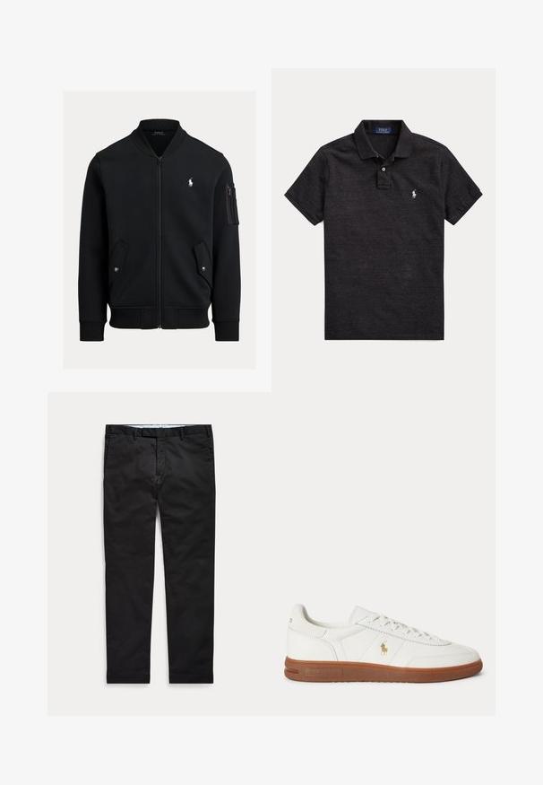 Čierna bomber bunda na zips s rebrovaným golierom, manžetami a lemom, dvomi prednými vreckami na cvoky, vreckom na zips na rukáve a malým bielym logom Polo Ralph Lauren.; Čierna krátkym rukávom Polo Ralph Lauren košeľa s golierom, zapínaním na dva gombíky a malým bielym vyšitým logom na ľavej strane hrudníka.; Čierne úzke pánske nohavice s opaskovými očkami a prednými vreckami rozložené na svetlom pozadí.; Biele nízke tenisky s hnedou podrážkou, šnurovaním vpredu a malým zlatým logom Polo Ralph Lauren na boku.