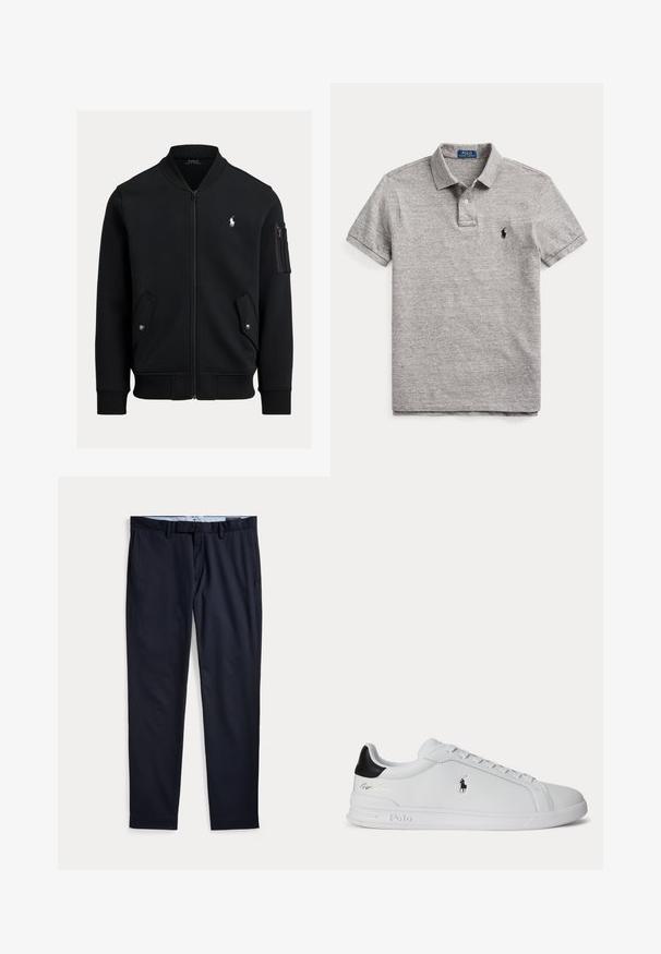 Čierna bomber bunda na zips s rebrovaným golierom, manžetami a lemom, dvomi prednými vreckami na cvoky, vreckom na zips na rukáve a malým bielym logom Polo Ralph Lauren.; Sivé polo tričko s krátkym rukávom, golierom, dvoma gombíkmi a malým čiernym vyšívaným logom na ľavej strane hrude.; Pánske spoločenské nohavice námornícko modrej farby s pútkami na opasok, zipsom a bočnými vreckami, položené na bielom pozadí.; Biela nízka teniska s čiernou pätovou pätkou, šnúrkami a logom Polo Ralph Lauren na boku, so zvýraznenými detailmi na podrážke.