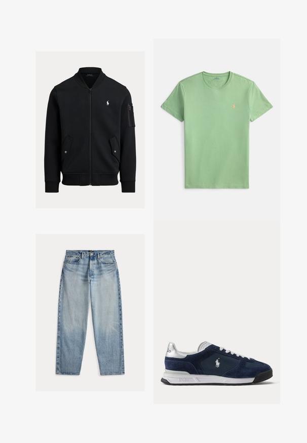 Zwarte bomberjas met ritssluiting, geribde kraag, manchetten en zoom, twee voorzakken met drukknoop, een zak met rits op de mouw en klein wit Polo Ralph Lauren-logo.; Kortemouws T-shirt met ronde hals in lichtgroene katoen. Heeft een klein oranje logo geborduurd op de borst. Soepele textuur, casual pasvorm.; Lichtblauwe spijkerbroek met een ontspannen pasvorm. Voorzien van een hoge taille, vijf zakken en zichtbare stiksels. Het oppervlak is lichtjes getextureerd.; Heren Polo sneaker in marineblauw en wit met suède en mesh panelen, witte veters en het Polo-logo aan de zijkant en hiel.