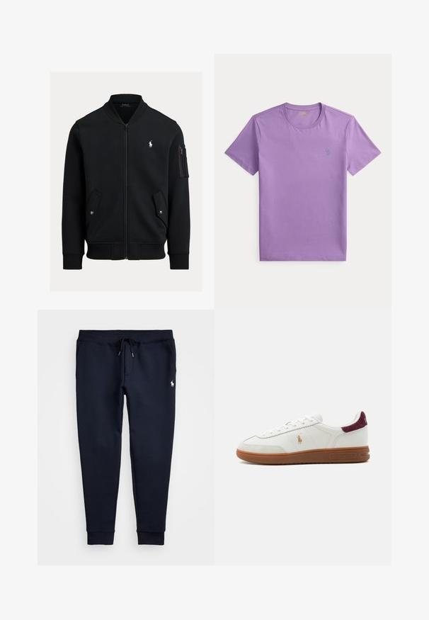 Zwarte bomberjas met ritssluiting, geribde kraag, manchetten en zoom, twee voorzakken met drukknoop, een zak met rits op de mouw en klein wit Polo Ralph Lauren-logo.; Lavendelkleurig T-shirt met korte mouwen en ronde hals met klein geborduurd logo op de linkerborst, plat gelegd op een witte achtergrond.; Marineblauwe joggingbroek met trekkoord in de taille, zijzakken, geribbelde enkels en klein wit paardenlogo op de rechterdij.; Witte lage sneaker met bruine rubberen zool, gouden polo speler logo aan de zijkant, witte veters en bordeaux suède hieltab, merk Ralph Lauren.