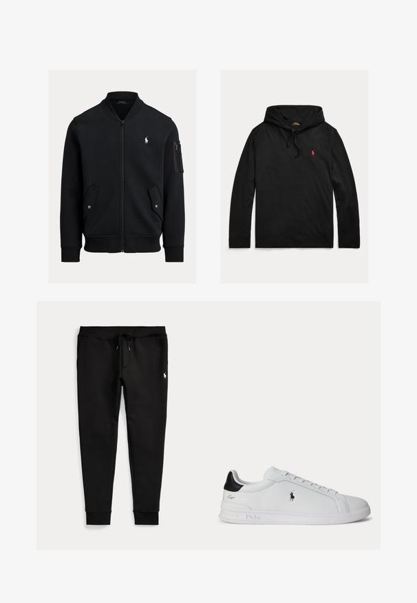 Schwarze Zip-up-Bomberjacke mit geripptem Kragen, Bündchen und Saum, zwei vorderen Druckknopftaschen, Reißverschlusstasche am Ärmel und kleinem weißen Polo Ralph Lauren Logo.; Schwarzer Polo Ralph Lauren Hoodie mit langen Ärmeln, Kordelzug und kleinem roten gesticktem Pferdelogo auf der linken Brust.; Schwarze Jogginghose mit umgeschlagenen Bündchen, Tunnelzug in der Taille, Seitentaschen und kleinem weißen Polo-Spieler-Logo am rechten Oberschenkel.; Weißer Sneaker mit niedrigem Schaft, schwarzem Fersenlasche, Schnürsenkeln und Polo Ralph Lauren Logo an der Seite, mit geprägten Sohlen-Details.