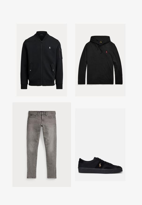 Sort zip-up bomberjakke med ribbet krave, manchetter og kant, to forlommer med knapper, lynlåslomme på ærmet og lille hvid Polo Ralph Lauren-logo.; Sort langærmet Polo Ralph Lauren hættetrøje med snore og lille rødt broderet hestelogo på venstre bryst.; Grå denim jeans, slim fit, med lige ben. Har klassisk femlomme-design, stikninger og en let falmet tekstur.; Sorte sneakers med overdel i stof og ruskind, rund tå, flad gummisål og broderet logo på siden. Snørebåndsdesign med seks snørehuller.