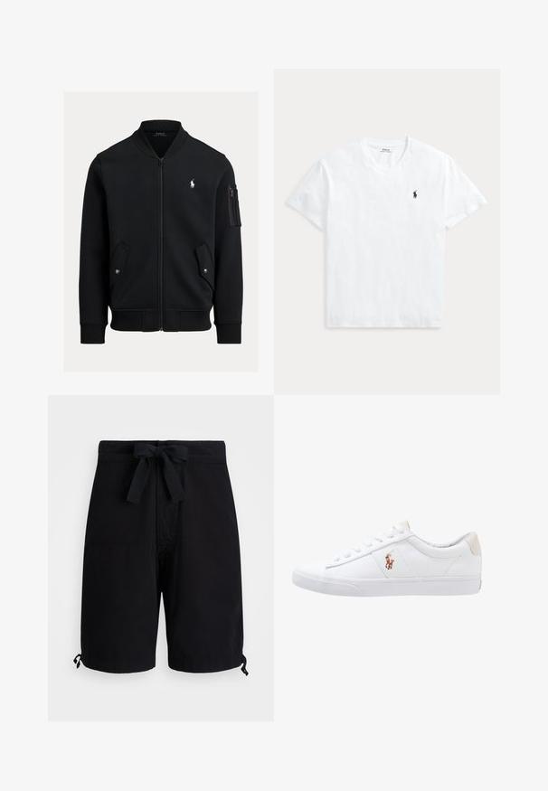 Zwarte bomberjas met ritssluiting, geribde kraag, manchetten en zoom, twee voorzakken met drukknoop, een zak met rits op de mouw en klein wit Polo Ralph Lauren-logo.; Wit T-shirt met V-hals en korte mouwen met een klein marineblauw Polo Ralph Lauren paardenlogo op de linkerborst.; Zwarte zwemboxers van lichtgewicht stof, voorzien van een trekkoord in de taille en verstelbare details aan de zoom.; Witte canvas sneakers met een laag ontwerp, featuring een beige hieltab en een klein geborduurd logo aan de zijkant. Rubber zool.