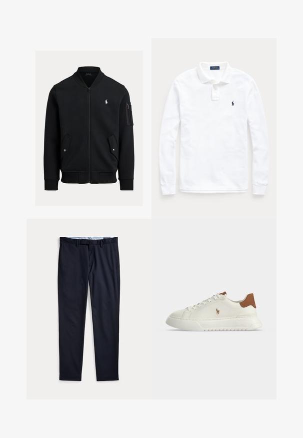 Zwarte bomberjas met ritssluiting, geribde kraag, manchetten en zoom, twee voorzakken met drukknoop, een zak met rits op de mouw en klein wit Polo Ralph Lauren-logo.; Wit poloshirt met lange mouwen, kraag, twee knoopsluiting en een klein marineblauw geborduurd paardenlogo op de linkerborst.; Donkerblauwe herenkleedbroek met ceintuurlussen, ritssluiting en zijzakken, plat gelegd op een witte achtergrond.; Witte lage sneaker met een bruine hieltab, veterluiting aan de voorkant, dikke zool en klein geborduurd paardenlogo aan de zijkant.