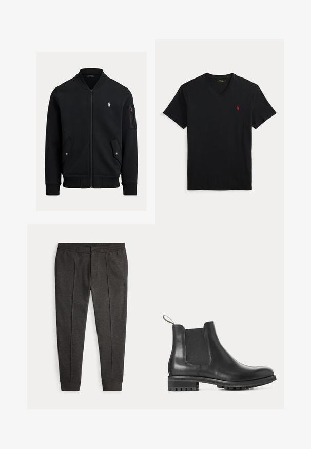 Čierna bomber bunda na zips s rebrovaným golierom, manžetami a lemom, dvomi prednými vreckami na cvoky, vreckom na zips na rukáve a malým bielym logom Polo Ralph Lauren.; Čierne tričko s výstrihom do V a krátkym rukávom s malým červeným logom Polo Ralph Lauren na ľavej strane hrudníka.; Tmavošedé zúžené teplákové nohavice s prednými záhybmi, bočnými vreckami, pásom na gombíky a rebrovanými manžetami pri členkoch.; Čierna kožená Chelsea topánka s elastickými bočnými panelmi, ťahacou slučkou vzadu a ryhovanou gumovou podrážkou s nízkym podpätkom, zobrazená v profile.