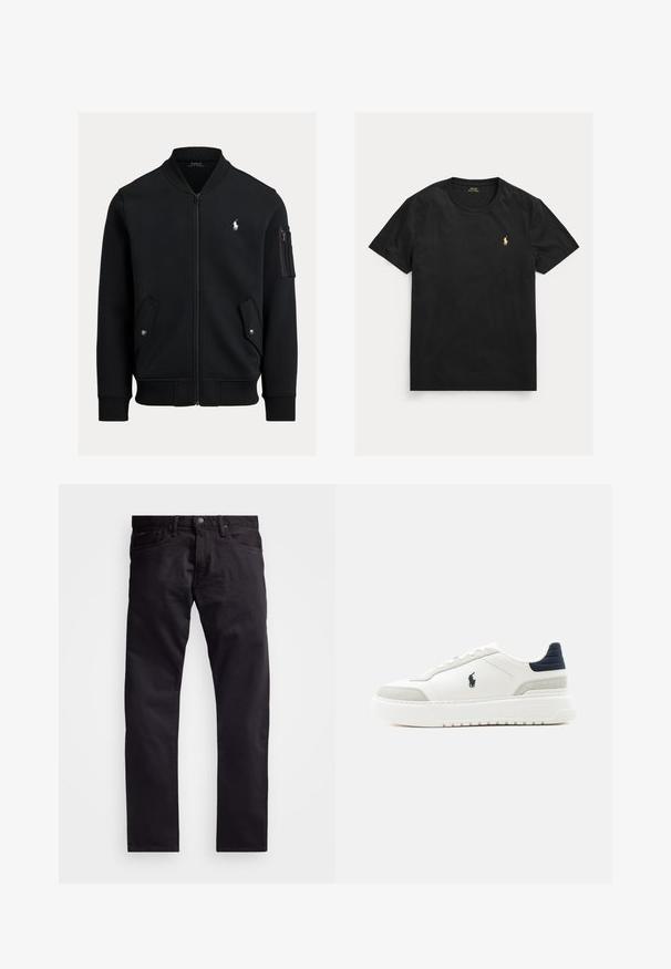 Čierna bomber bunda na zips s rebrovaným golierom, manžetami a lemom, dvomi prednými vreckami na cvoky, vreckom na zips na rukáve a malým bielym logom Polo Ralph Lauren.; Čierne tričko s krátkym rukávom a okrúhlym výstrihom s malým žltým logom Polo Ralph Lauren na ľavej strane hrudníka.; Čierne džínsy z denimu so strihom rovného nohavicu, s gombíkom a zipsom, piatimi vreckami a mierne textúrovanou tkaninou.; Biela tenisková obuv s nízkym strihom, s čiernou pätkou, sivými semišovými detailmi, hrubou podrážkou a čiernym logom Polo na vonkajšej strane.