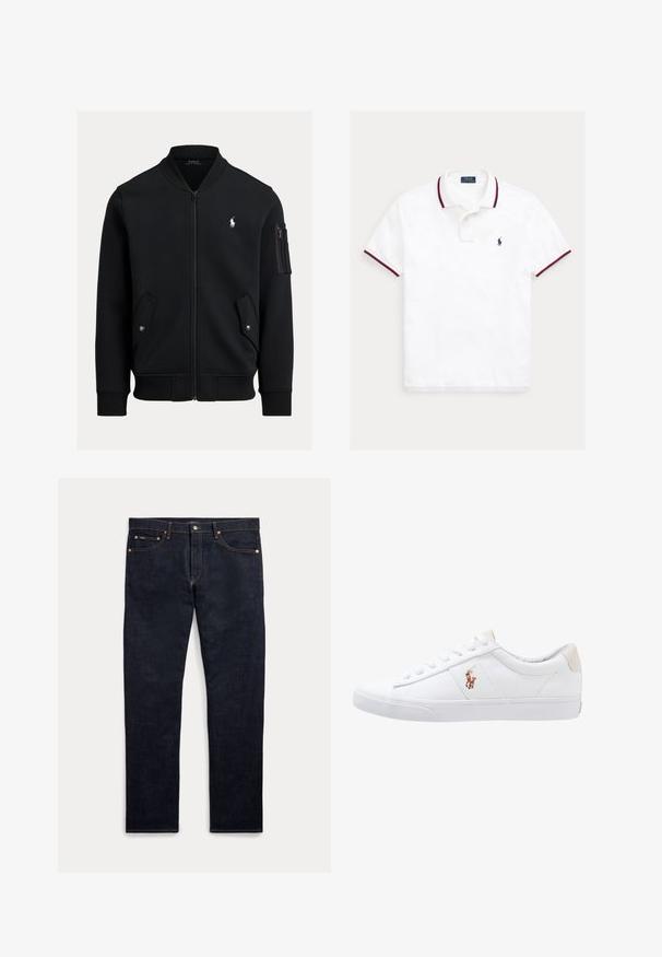 Sort zip-up bomberjakke med ribbet krave, manchetter og kant, to forlommer med knapper, lynlåslomme på ærmet og lille hvid Polo Ralph Lauren-logo.; Hvid polo med korte ærmer med rød og navy kant på kraven og ærmerne, med en lille navy broderet hestelogo på brystet.; Mørkeblå denimjeans med fem lommer, knap- og lynlås-lukning og synlige gyldne syninger, vist fladt på en lys baggrund.; Hvide kanvas sneakers med lågtop design, prydet med en beige hælkappe og et lille broderet logo på siden. Gummisål.