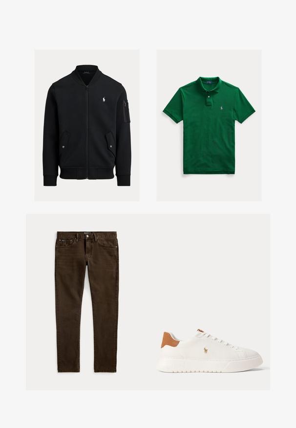 Zwarte bomberjas met ritssluiting, geribde kraag, manchetten en zoom, twee voorzakken met drukknoop, een zak met rits op de mouw en klein wit Polo Ralph Lauren-logo.; Groene polo met korte mouwen, twee knopen en klein paars geborduurd logo op de linkerborst.; Slim-fit donkerbruine jeans met vijf zakken, knoop- en ritssluiting, en zichtbare Polo-merkenlabels op de tailleband en voorzak.; Witte lage sneaker met beige hieltab, witte veters en klein geborduurd polo spelerlogo aan de zijkant boven een dikke zool.