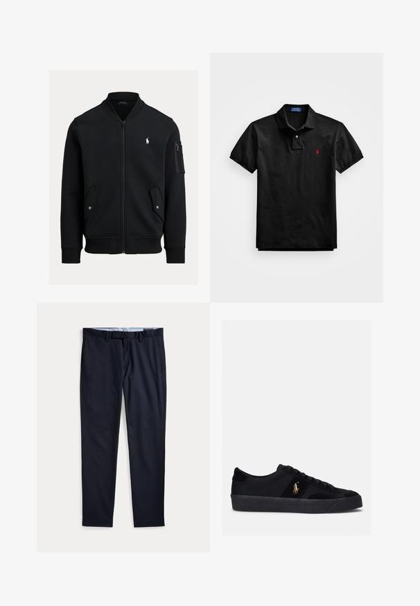 Chaqueta bomber negra con cremallera, cuello, puños y bajo acanalados, dos bolsillos delanteros con cierre de presión, bolsillo con cremallera en la manga y pequeño logo blanco de Polo Ralph Lauren.; Polo negro de algodón, con cuello clásico, tapeta de dos botones, mangas cortas y un pequeño logo bordado rojo en el pecho.; Pantalones de vestir azul marino para hombre con trabillas para cinturón, bragueta con cremallera y bolsillos laterales, extendidos planos sobre un fondo blanco.; Zapatillas negras con parte superior de tela y ante, puntera redondeada, suela de goma plana y logo bordado en el lateral. Diseño de cordones con seis ojales.