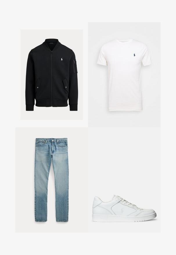 Zwarte bomberjas met ritssluiting, geribde kraag, manchetten en zoom, twee voorzakken met drukknoop, een zak met rits op de mouw en klein wit Polo Ralph Lauren-logo.; Witte katoenen t-shirt met een ronde hals. Heeft een klein donkerblauw logo op de linkerborst. Korte mouwen, soepele textuur.; Lichtblauwe rechte spijkerbroek met vijf zakken, knoopsluiting en subtiele vervaagde details rond de dijen en knieën.; Witte leren sneaker met een gladde textuur, voorzien van een geperforeerde neus, vetersluiting en geborduurde logo aan de zijkant. Witte rubberen zool.