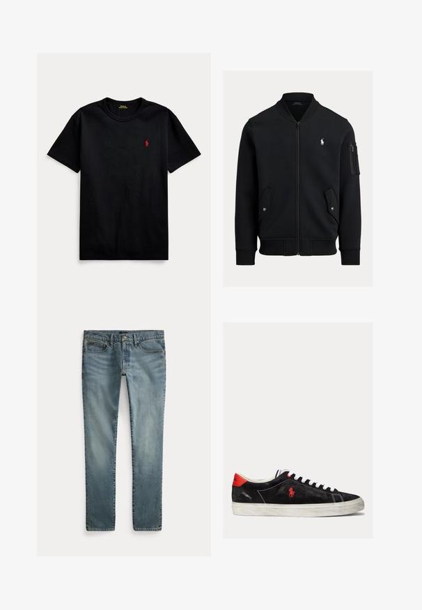 Zwarte bomberjas met ritssluiting, geribde kraag, manchetten en zoom, twee voorzakken met drukknoop, een zak met rits op de mouw en klein wit Polo Ralph Lauren-logo.; Zwarte katoenen t-shirt met korte mouwen, ronde hals en klein rood geborduurd logo op de linkerborst. Gladde textuur, casual design.; Blauwe denim jeans met rechte pijpen, voorzakken, riemlussen en knoopsluiting.; Zwarte suede sneakers met witte veters, rode accenten op de hak en een klein rood logo. Beschikt over een platte rubberen zool en eenvoudige stiksels.