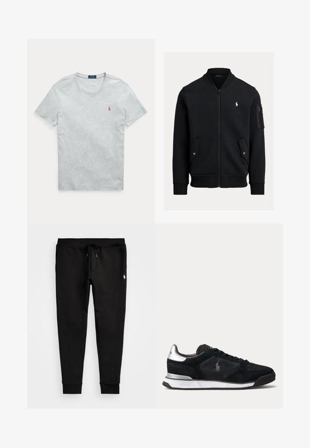 Zwarte bomberjas met ritssluiting, geribde kraag, manchetten en zoom, twee voorzakken met drukknoop, een zak met rits op de mouw en klein wit Polo Ralph Lauren-logo.; Lichtgrijs T-shirt met korte mouwen en ronde hals met klein geborduurd Polo Ralph Lauren-logo op de linkerborst.; Zwarte sweatpants van zacht materiaal, met een trekkoord in de taille, aangesloten boorden en een klein wit logo op het linkerpoot.; Zwart-zilverkleurige lage sneaker met veters, witte zool en geborduurd Polo-logo aan de zijkant, gezien vanaf de buitenkant.