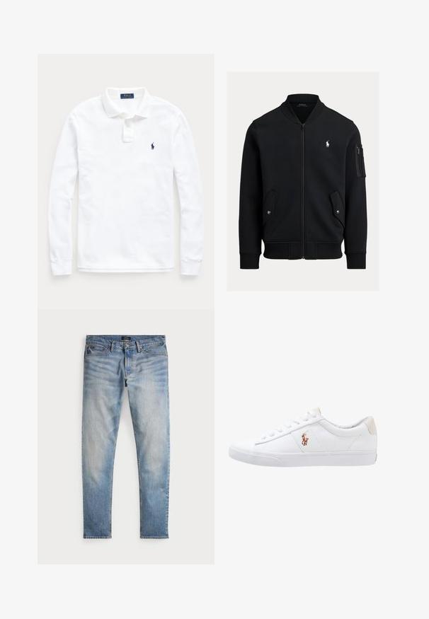 Čierna bomber bunda na zips s rebrovaným golierom, manžetami a lemom, dvomi prednými vreckami na cvoky, vreckom na zips na rukáve a malým bielym logom Polo Ralph Lauren.; Biela polo košeľa s dlhým rukávom, golierom, dvojgombíkovou légou a malým tmavomodrým vyšitým logom koňa na ľavej hrudi.; Svetlomodré denimové nohavice s bledým povrchom, dizajnom na päť vreciek a kontrastným prešívaním. Obsahujú zips a pútka na opasok. Rovný strih.; Biele plátenné tenisky s nízkym strihom, ktoré majú béžový opasok na päte a malé vyšívané logo na boku. Gumová podrážka.