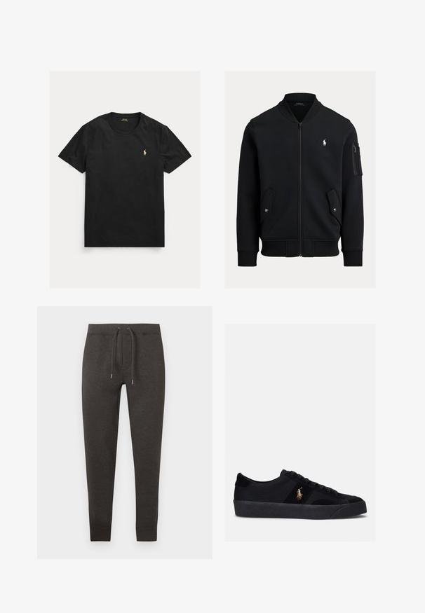 Zwarte bomberjas met ritssluiting, geribde kraag, manchetten en zoom, twee voorzakken met drukknoop, een zak met rits op de mouw en klein wit Polo Ralph Lauren-logo.; Zwart T-shirt met korte mouwen en ronde hals met klein geel Polo Ralph Lauren-logo op de linkerborst.; Donkergrijze sweatpants gemaakt van zacht materiaal, met een elastische tailleband en trekkoorden, taps toelopende pijpen en boorden bij de enkels.; Zwarte sneakers met een bovenwerk van stof en suède, ronde neus, platte rubberen zool en geborduurd logo aan de zijkant. Vetersluiting met zes veterogen.