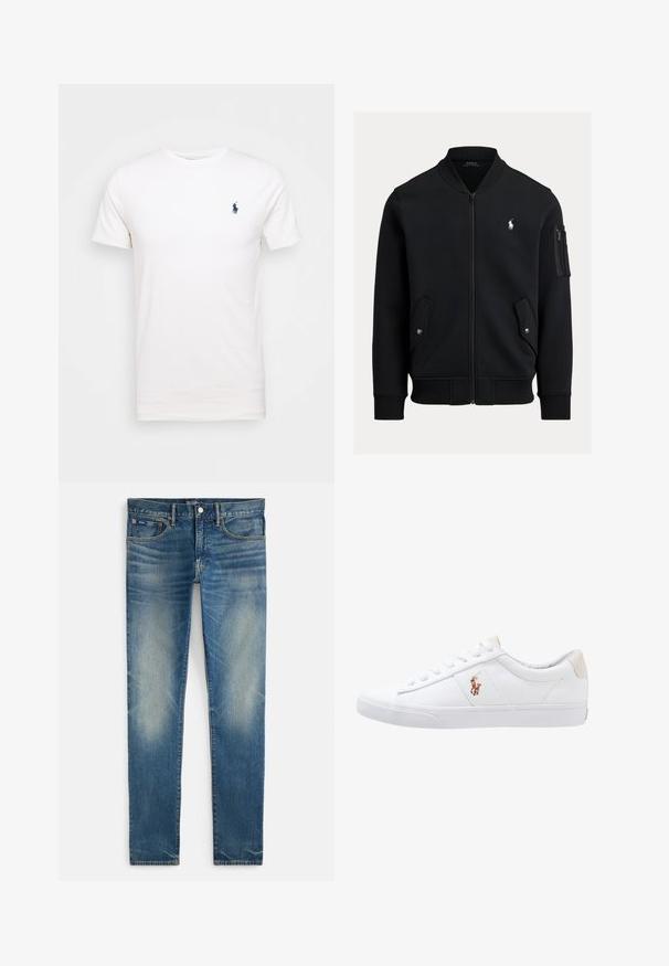 Veste bomber noire zippée avec col, poignets et bas côtelés, deux poches avant à pression, poche zippée sur la manche et petit logo blanc Polo Ralph Lauren.; T-shirt en coton blanc à col rond. Présente un petit logo bleu marine sur la poitrine gauche. Manches courtes, texture lisse.; Jean bleu délavé, coupe slim, avec fermeture à boutons et zip, poches avant et petite poche pour pièce, présenté à plat sur fond blanc.; Baskets en toile blanches avec un design basse, présentant un onglet de talon beige et un petit logo brodé sur le côté. Semelle en caoutchouc.