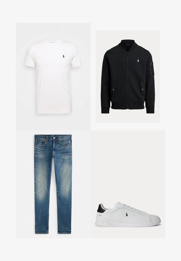 Chaqueta bomber negra con cremallera, cuello, puños y bajo acanalados, dos bolsillos delanteros con cierre de presión, bolsillo con cremallera en la manga y pequeño logo blanco de Polo Ralph Lauren.; Camiseta de algodón blanca con cuello redondo. Presenta un pequeño logo azul oscuro en el lado izquierdo del pecho. Mangas cortas, textura suave.; Vaqueros ajustados azul deslavado con cierre de botón y cremallera, bolsillos delanteros y un pequeño bolsillo para monedas, mostrados planos sobre fondo blanco.; Zapatilla blanca de corte bajo con lengüeta trasera negra, cordones y logo de Polo Ralph Lauren en el lateral, con detalles en relieve en la suela.