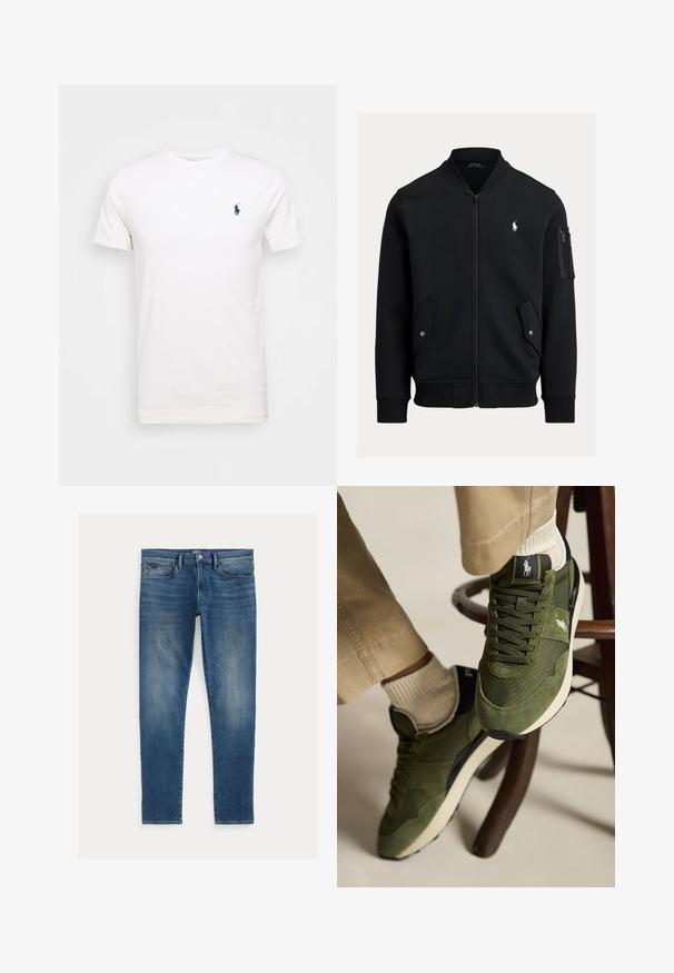 Zwarte bomberjas met ritssluiting, geribde kraag, manchetten en zoom, twee voorzakken met drukknoop, een zak met rits op de mouw en klein wit Polo Ralph Lauren-logo.; Witte katoenen t-shirt met een ronde hals. Heeft een klein donkerblauw logo op de linkerborst. Korte mouwen, soepele textuur.; Blauwe denim jeans met een slim fit, met een vervaagd effect, vijf zakken en een ritssluiting met een bovenste knoop. Opvallende stikseldetails.; Voeten met olijfgroene sneakers, witte sokken en beige broek rustend op een houten stoelplank tegen een effen achtergrond.
