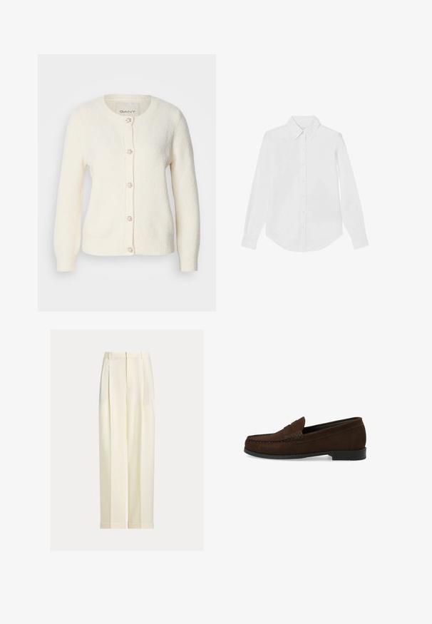 Crème kleurige cardigan met lange mouwen, ronde hals, gestructureerde stof, vijf knopen met parelachtige accenten en twee voorzakken.; Witte langemouwen blouse van gladde stof. Kenmerkt zich door een klassieke kraag, afgeronde zoom en knoopmanchetten. Geen zichtbare patronen.; Roomkleurige op maat gemaakte broek met plooien aan de voorkant, riemlussen en omgeslagen zomen, afgebeeld op een effen achtergrond.; Bruine suède instapschoenen met een gestikt moccasin-neus, platte zwarte rubberen zool en een decoratieve bovenband en detail.