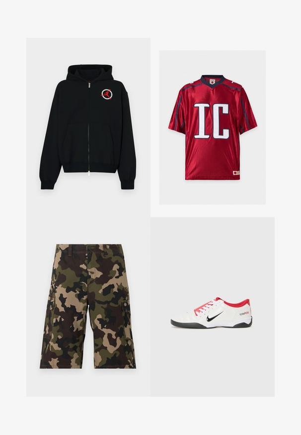 Sort lynlåshættejakke lavet af blødt stof. Har en front lommer i kænguru-stil og et rundt logo med en rød silhuet på venstre bryst.; Rød skinnende sportstrøje med korte ærmer med store hvide "IC" bogstaver med sort omrids på fronten og mørkeblå kantdetaljer.; Herreknælange cargoshorts med camouflage i grønne, brune og beige nuancer, med flere lommer og knaplukning.; Hvide atletiske sko med røde accenter, sort Swoosh-logo og struktureret design. Har hvide snørebånd og en sort ydersål. Teksten læser "total90."