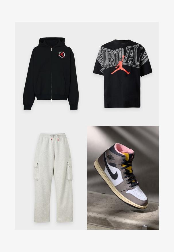 Sort lynlåshættejakke lavet af blødt stof. Har en front lommer i kænguru-stil og et rundt logo med en rød silhuet på venstre bryst.; Sort bomulds T-shirt med fed hvid "JORDAN" tekst og rød silhuetgrafik af en basketballspiller i et spring. Rund hals, korte ærmer.; Lysegrå joggingbukser med elastisk talje, snor med røde ender og store klaplommer på begge lår.; Høj-top Nike Air Jordan sneaker i hvid, grå og sort med pink indvendigt og gul tunge, placeret på en betonoverflade.