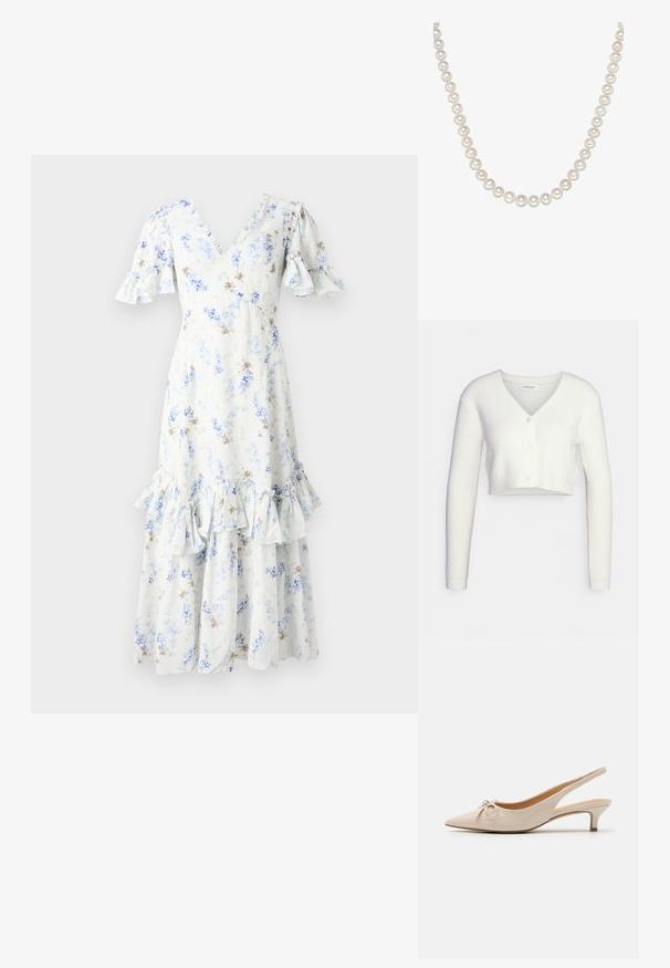 Cárdigan corto blanco hecho de tejido texturizado; presenta un escote en V y tres botones en el frente, con mangas largas y una silueta ajustada.; Vestido midi floral en azul claro y blanco con mangas abullonadas, escote en V y dobladillo con volantes, que presenta acentos y patrones en marrón oscuro dispersos.; Tacones slingback de charol beige con puntera afilada y un lazo decorativo en el empeine. Incluyen un tacón bajo y estilizado con una textura suave.; Una serie de brillantes perlas blancas, cada una redonda y uniforme en tamaño, con una superficie suave y un sutil brillo, unidas por un cordón delgado.