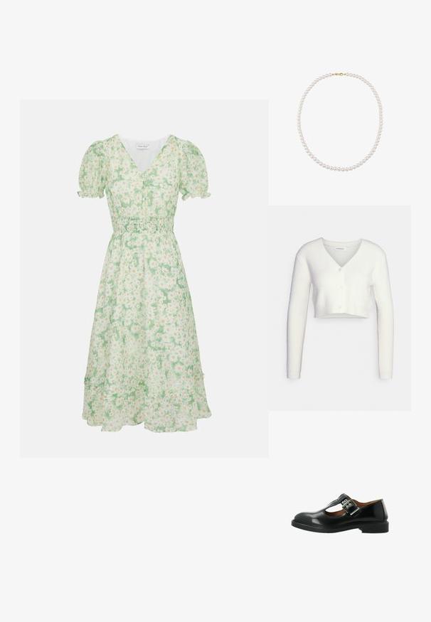 Cardigan court blanc en tissu texturé ; il présente un col en V et trois boutons sur le devant, avec des manches longues et une silhouette ajustée.; Robe fleurie vert clair avec manches courtes bouffantes, col en V, taille élastique et ourlet à volants arrivant à mi-mollet.; Chaussure Mary Jane en cuir noir avec une sangle en T, détail de boucle argentée, bout arrondi et semelle basse. Texture lisse avec une finition polie.; Collier de perles à un seul rang avec de petites perles blanches rondes et un fermoir en or sur fond blanc.