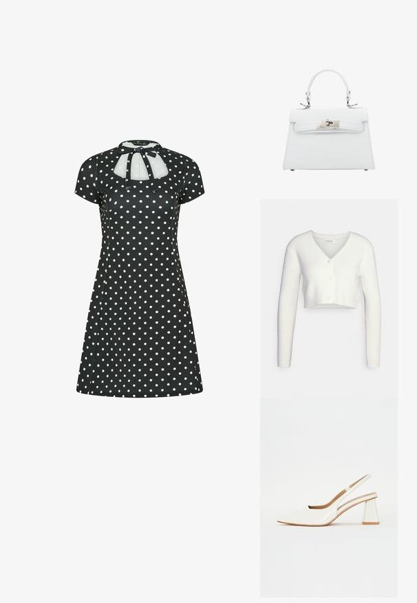 Witte cropped cardigan van textiel met structuur; heeft een V-hals en drie knopen aan de voorkant, met lange mouwen en een getailleerd silhouet.; Zwarte A-lijn jurk met korte mouwen, witte polkadots, keyhole-halslijn en strikdetail bij de kraag.; Witte patenten leren slingback schoen met een spitse neus en een geometrische blokhak. Het interieur heeft een tan kleurige inlegzool en minimale zijsnedes.; Witte leren handtas met een gestructureerd ontwerp, handvat aan de bovenkant en zilveren hardware, voorzien van een gesp-sluiting en subtiele stiksels.