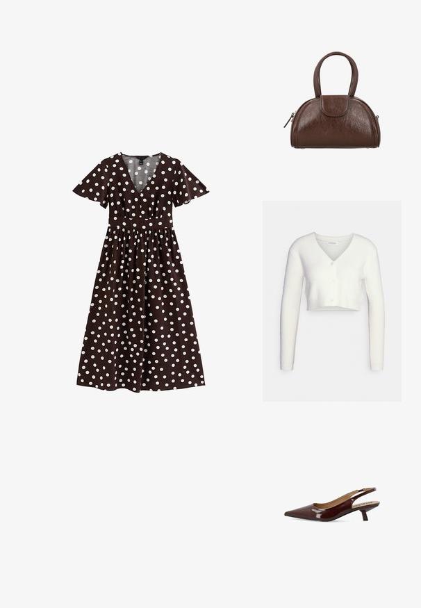 Hvid cropped cardigan lavet af tekstureret stof; har V-hals og tre knapper foran, med lange ærmer og en tætsiddende silhuet.; New Look SLEEVE MIDI - Hverdagskjole - brown pattern; Bianco Kitten heels BIAKRISTIN - Pumps - burgundy; Lille brun læderhåndtaske med rundet form, dobbelte håndtag, klaplukning foran og detaljer med lynlås i siden.