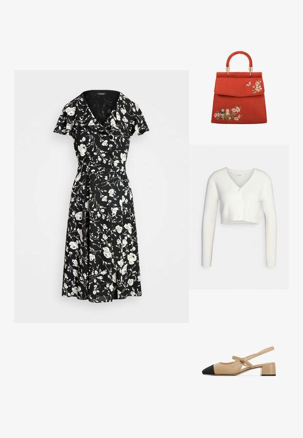 Hvid cropped cardigan lavet af tekstureret stof; har V-hals og tre knapper foran, med lange ærmer og en tætsiddende silhuet.; Sort kjole med hvidt blomstertryk, korte ærmer, V-hals og knapdetaljer. Udflydende skørt for en let og luftigt pasform. Materialet ser let ud.; Beige læderslippers med sort spids tå, spænde rem og en lav blokhæl med en sølv detalje ved bunden.; Rød ruskinds håndtaske med en struktureret form, udstyret med et hanke og guldfarvet hardware. Broderede blomster- og fuglemotiver på forsiden.