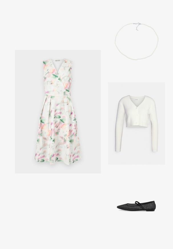 Hvid cropped cardigan lavet af tekstureret stof; har V-hals og tre knapper foran, med lange ærmer og en tætsiddende silhuet.; Ærmeløs hvid midi-kjole med pastel akvarelblomstret print, V-hals omslagsbodice, tætsiddende talje og plisseret nederdel.; Sorte flade sko med spids tå design, netoverdel med rhinestones og en tynd strop for sikker pasform. Flad sål.; Perlekæde med små, runde, hvide perler og en sølvfarvet spænde. Har en justerbar kæde til tilpasning af længden.