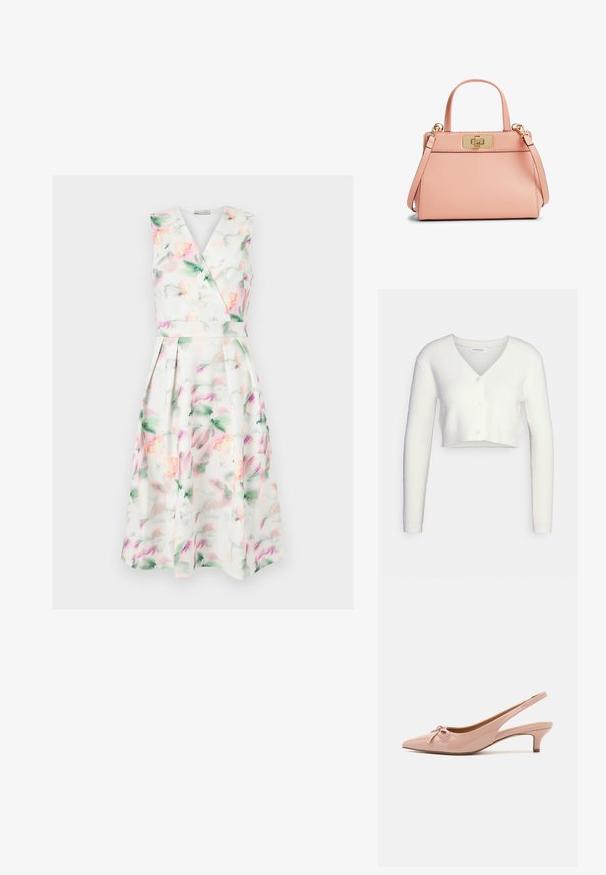 Hvid cropped cardigan lavet af tekstureret stof; har V-hals og tre knapper foran, med lange ærmer og en tætsiddende silhuet.; Ærmeløs hvid midi-kjole med pastel akvarelblomstret print, V-hals omslagsbodice, tætsiddende talje og plisseret nederdel.; Patenteret pink slingback hæle med spids tå, sløjfedetalje foran og lav kittenhæl. Glat tekstur med en blank finish.; Lille blød lyserød læderhåndtaske med gyldent rektangulært twist-lås, korte håndtag og aftagelig skulderrem.