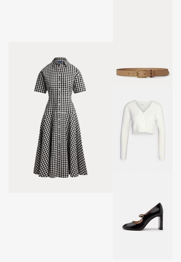 Witte cropped cardigan van textiel met structuur; heeft een V-hals en drie knopen aan de voorkant, met lange mouwen en een getailleerd silhouet.; Zwart-wit geruite gingham korte-mouwen overhemdjurk met een getailleerde taille, knoopsluiting vooraan en uitlopende midi-rok.; Zwarte lakleren Mary Jane hoge hak schoen met een afgeronde neus en een klein gespspannetje over de wreef op een witte achtergrond.; Lichtbruine leren riem met gouden rechthoekige gesp en gestikte randen, plat neergelegd op een lichte achtergrond.