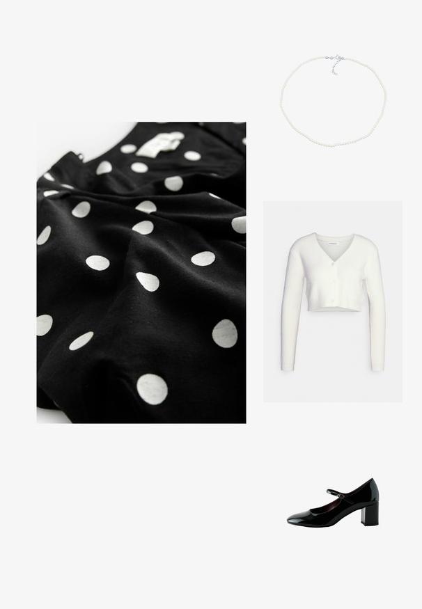 Cardigan court blanc en tissu texturé ; il présente un col en V et trois boutons sur le devant, avec des manches longues et une silhouette ajustée.; Next V-NECK PUFF SLEEVE MINI - Robe chemise - black spot; Chaussure Mary Jane en cuir verni noir avec bout rond, bride ajustable et talon bloc épais de hauteur moyenne.; Collier de perles avec de petites perles rondes blanches et un fermoir en ton argent. Dispose d'une chaîne ajustable pour personnaliser la longueur.