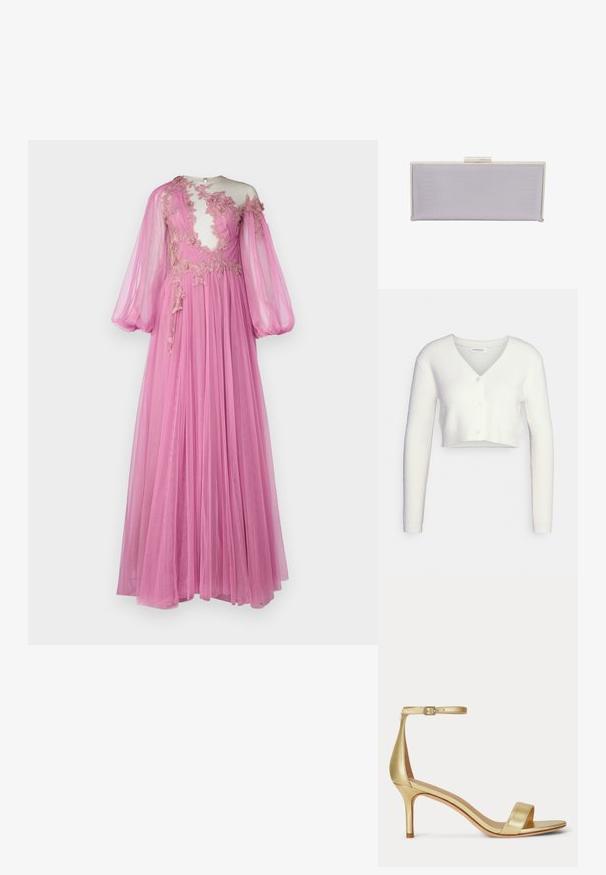 Witte cropped cardigan van textiel met structuur; heeft een V-hals en drie knopen aan de voorkant, met lange mouwen en een getailleerd silhouet.; Lange roze jurk gemaakt van doorschijnende stof, met een doorschijnende lijfje met bloemenborduursels, ballonmouwen en een vloeiende rok.; Gouden sandaal met hoge hak, dunne enkelriem met gesp, open teen en slanke hak, zijaanzicht op witte achtergrond.; Rechthoekige lavendelkleurige clutch van textuurmateriaal met gladde randen. Voorzien van een zilveren klapsluiting aan de bovenkant.