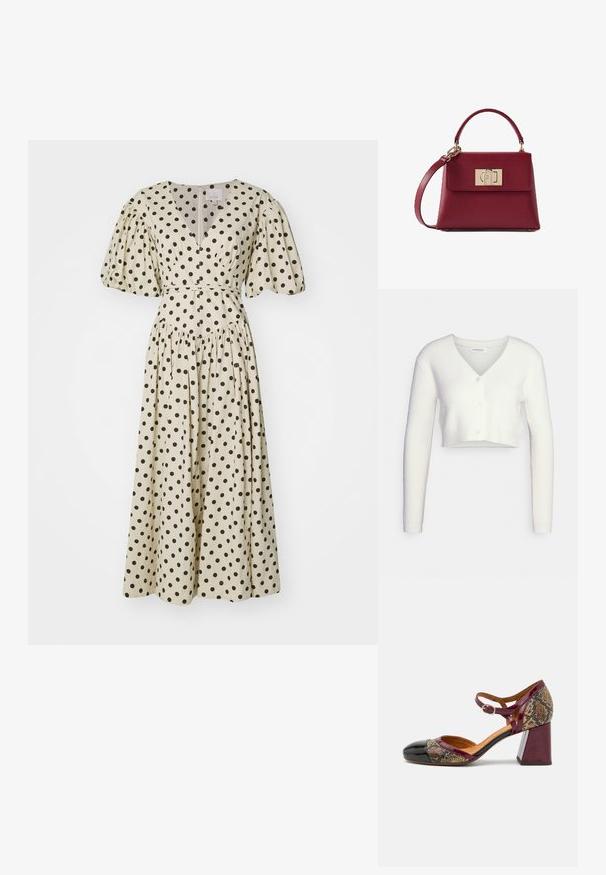 Hvid cropped cardigan lavet af tekstureret stof; har V-hals og tre knapper foran, med lange ærmer og en tætsiddende silhuet.; Cinq à Sept POLKA DOT STASSIE DRESS - Hverdagskjole - gardenia/black; Hæle sko med tå i sort laklæder, burgunder rem og tekstiloverdel i slangeskindsdesign; har en kraftig blokhæl.; Vinrød læderhåndtaske med buet øverste håndtag, aftagelig rem og rektangulært guldlås foran på klappen.