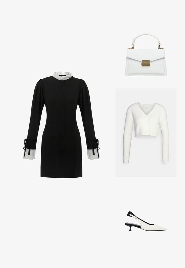 Witte cropped cardigan van textiel met structuur; heeft een V-hals en drie knopen aan de voorkant, met lange mouwen en een getailleerd silhouet.; Zwarte jurk met een hoge witte kraag, knopen aan de voorkant en lange mouwen met geplooide witte manchetten met strikjes. Gladde stofstructuur.; Witte slingback schoen met puntige neus, zwarte kittenheel en verstelbare zilveren gespsluiting.; Witte leren handtas met een gestructureerde vorm, voorzien van een omvouwbare klep, een sluiting van goudkleurig metaal en een korte handgreep. Glad oppervlak, minimale stiksels.