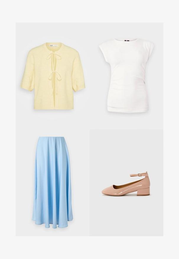 Cardigan à manches courtes en tissu doux de couleur jaune clair. Comprend un col rond, une ouverture frontale avec liens et des finitions à ourlet côtelé.; T-shirt blanc ajusté à manches courtes avec col rond sur fond uni, avec un léger détail froncé sur le côté.; Jupe bleu clair longue jusqu'au sol, taille haute, avec de doux plis et une texture de tissu fluide et lisse.; Chaussure plate en cuir verni rose avec un bout arrondi, une bride à la cheville et un petit talon carré. Texture lisse et design minimaliste.