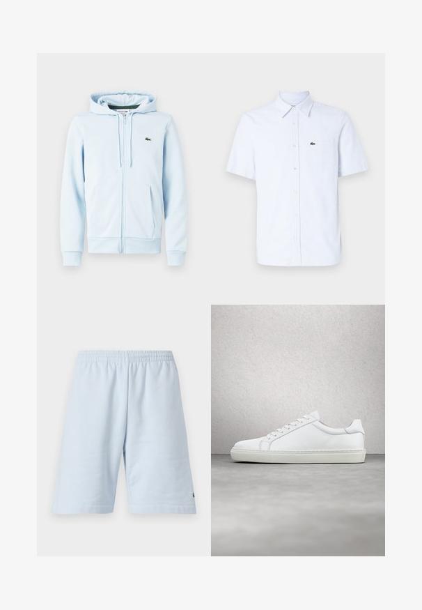 Sudadera con cremallera de color azul claro en una mezcla de algodón, con un bolsillo tipo canguro, puños acanalados y un pequeño logo verde en la zona del lado izquierdo del pecho.; Camisa de botones de manga corta en azul claro con rayas blancas, que presenta un bolsillo en el pecho y un pequeño logotipo verde en el lado izquierdo.; Pantalones cortos de algodón azul claro con cinturilla elástica. Presenta un diseño simple y sólido con dobladillo abierto. Acento del logo en el dobladillo inferior.; Zapatilla blanca con parte superior de cuero liso y perfil bajo. Presenta una puntera redondeada, seis ojales y una suela de goma texturizada.