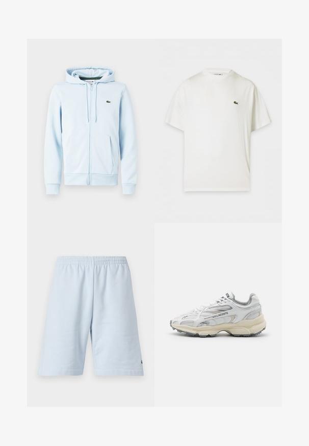 Sudadera con cremallera de color azul claro en una mezcla de algodón, con un bolsillo tipo canguro, puños acanalados y un pequeño logo verde en la zona del lado izquierdo del pecho.; Camiseta blanca de manga corta con cuello redondo y pequeño logo verde de cocodrilo en el pecho izquierdo.; Pantalones cortos de algodón azul claro con cinturilla elástica. Presenta un diseño simple y sólido con dobladillo abierto. Acento del logo en el dobladillo inferior.; Zapatillas deportivas blancas con detalles en gris, parte superior de malla y sintético, diseño de cordones, y suela de goma texturizada con patrones de tracción.