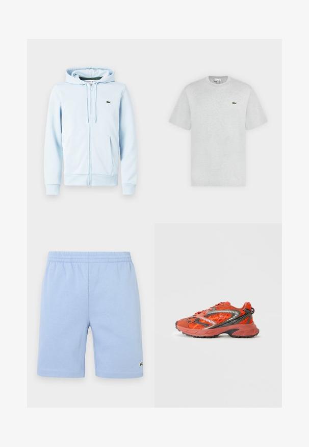Haut zippé bleu clair en mélange de coton, comportant une poche kangourou, des poignets côtelés et un petit logo vert sur la partie gauche de la poitrine.; T-shirt gris clair à manches courtes et col rond avec petit logo crocodile vert Lacoste sur la poitrine gauche.; Shorts en coton bleu clair avec une taille élastique, ornés d'un petit logo crocodile vert brodé sur la partie inférieure de la jambe droite.; Chaussure de sport rouge et marron avec un tissu en maille, des accents noirs et une semelle en caoutchouc. Présente un bout arrondi et des lacets contrastés.
