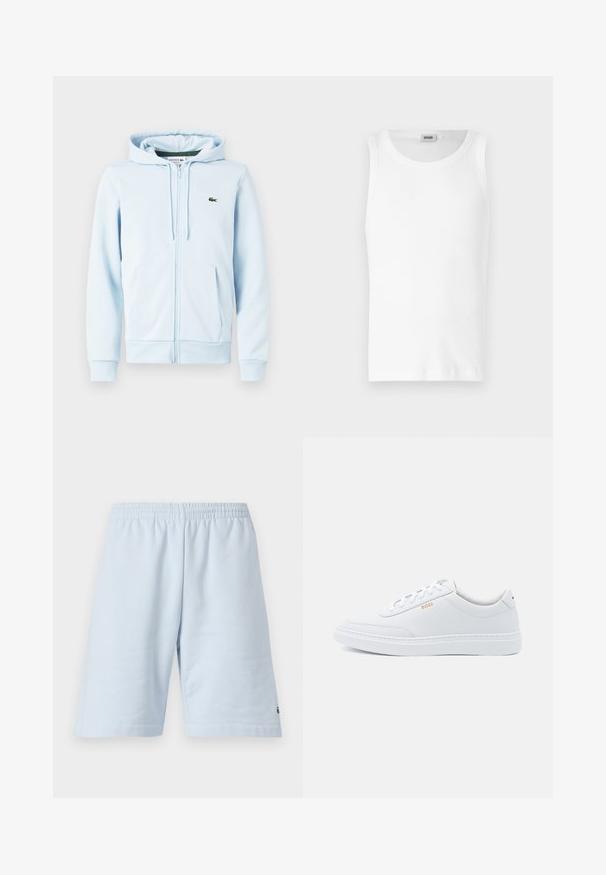 Hellblaues Zip-Hoodie aus Baumwollmischung, mit Kängurutasche, gerippten Bündchen und einem kleinen grünen Logo auf der linken Brust.; Weißes Baumwoll-Tanktop ohne Ärmel mit Rundhalsausschnitt und glatter Textur. Einfaches Design, ohne Muster oder Akzente.; Helle blaue Baumwollshorts mit elastischem Bund. Einfaches, einfarbiges Design und offener Saum. Logo-Verzierung am unteren Saum.; Weiße Leder-Sneaker mit glatter Textur, runder Zehenpartie und tonal abgestepptem Design. Mit blauen Schnürsenkeln und einem goldenen Logo an der Seite.