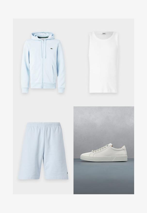 Sudadera con cremallera de color azul claro en una mezcla de algodón, con un bolsillo tipo canguro, puños acanalados y un pequeño logo verde en la zona del lado izquierdo del pecho.; Camiseta sin mangas de algodón blanco con cuello redondo y una textura suave. Diseño sencillo, sin patrones ni acentos.; Pantalones cortos de algodón azul claro con cinturilla elástica. Presenta un diseño simple y sólido con dobladillo abierto. Acento del logo en el dobladillo inferior.; Zapatilla blanca de cuero con punta redondeada, diseño minimalista, cordones grises y suela de goma texturizada gris. Detalles de costura sutiles visibles.