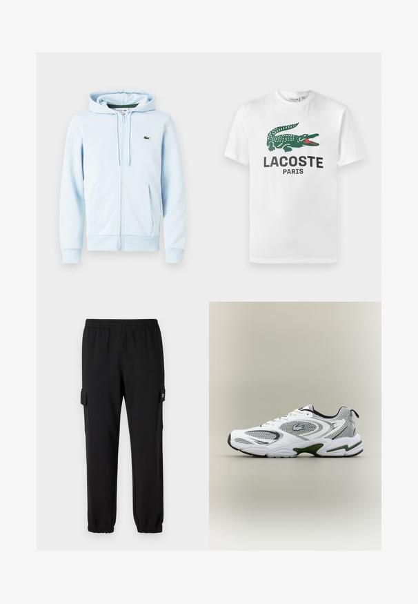 Svetlomodrá zipsová mikina z bavlnenej zmesi, s klokankovou kapsou, ribovanými manžetami a malým zeleným logom na ľavej strane hrude.; Lacoste Tričko s potlačou - white; Čierne tepláky s elastickým pásom, zúženými manžetami a bočnými cargo vreckami. Vyrobené z mäkkého materiálu s hladkou textúrou.; Biele a šedé športové bežecké topánky so sieťovými panelmi, zelenými akcentmi, čiernymi detailmi a logom na boku, zobrazené z vonkajšej strany.