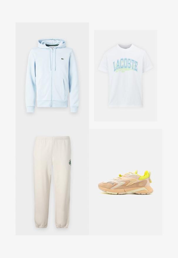 Hellblaues Zip-Hoodie aus Baumwollmischung, mit Kängurutasche, gerippten Bündchen und einem kleinen grünen Logo auf der linken Brust.; Weißes Baumwoll-T-Shirt mit blauem und grünem "LACOSTE"-Grafiktext auf der Vorderseite und einem Krokodil-Highlight darunter. Standardmäßiges Rundhalsausschnitt-Design.; Helle beige Sweatpants aus Baumwolle mit einem elastischen Bund, gerippten Bündchen und einem grünen Logo mit Blattdesign am linken Bein.; Sneaker mit einer leichten Oberseite aus Pfirsich- und Creme-Mesh, neon-gelben Akzenten, strukturiertem Wildleder und einer gepolsterten Sohle.
