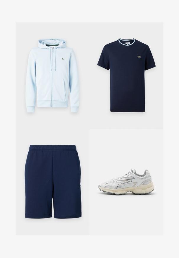 Lys blå zip-up hoodie i bomuldsblanding, med en kengurulomme, ribbede manchetter og et lille grønt logo på venstre brystområde.; Marineblåt T-shirt i bomuld, med en lys blå ribbet halsudskæring. Har et lille grønt krokodille-logo på brystet. Kortærmet design.; Mørkeblå shorts lavet af blødt materiale, med elastisk talje og sidelommer. Minimalistisk design uden synlige mønstre.; Hvide sportssko med grå detaljer, overdel i mesh og syntetiske materialer, snørebåndsdesign og tekstureret gummisål med grebemønstre.