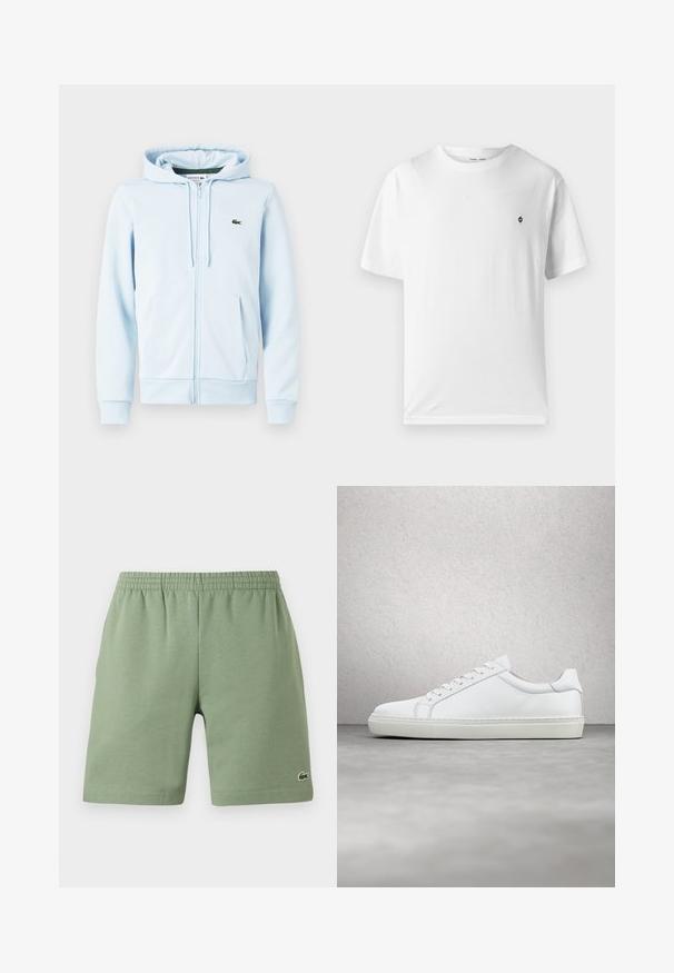 Lichtblauwe ritsvest van een katoenmix, met een kangoeroezak, ribgebreide manchetten en een klein groen logo op de linkerborst.; Witte katoenen t-shirt met een ronde hals, korte mouwen en een klein zwart logo op de borst. Zachte textuur, casual pasvorm.; Groene katoenen shorts met een elastische tailleband, ontspannen pasvorm en een klein geborduurd logo aan de onderkant aan de linkerzijde. Gladde textuur, geen zakken.; Witte sneaker met een gladlederen bovenwerk en een laag profiel. Voorzien van een ronde neus, zes vetergaatjes en een gestructureerde rubberen zool.