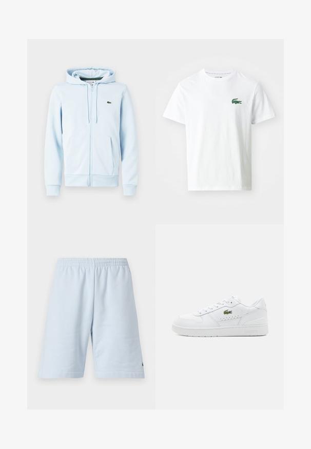 Lichtblauwe ritsvest van een katoenmix, met een kangoeroezak, ribgebreide manchetten en een klein groen logo op de linkerborst.; Lacoste T-shirt print - white/green; Lichtblauwe katoenen shorts met een elastische tailleband. Beschikt over een eenvoudig, effen ontwerp en open zoom. Logoaccent aan de onderzoom.; Witte leren sneakers met geperforeerde accenten, platte veters en een klein groen logo aan de zijkant. Rubberen zool en gewatteerde kraag voor comfort.