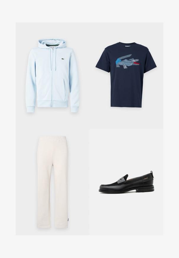 Helehele sinine tõmbetaskuga kapuutsiga dressipluus, mis on valmistatud puuvillase seguga. Dressipluusil on kangaroo tasku, soonikkoes varrukasuud ning väikene roheline logo vasakul rinnal.; Lacoste Trükipildiga T-särk - dark blue; Kreemjas puuvillased spordipüksid, millel on elastne vöökoht ja tikitud logo. Sirge jala disain, sile tekstuur ja peened õmblusdetailid.; Must nahast loafer halli rihma detailiga, madala kand ja tekstuurse tallaga, külgedel kuldse "HUGO" brändiga.