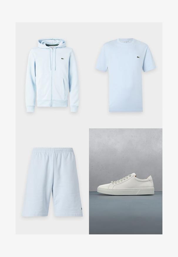 Sudadera con cremallera de color azul claro en una mezcla de algodón, con un bolsillo tipo canguro, puños acanalados y un pequeño logo verde en la zona del lado izquierdo del pecho.; Camiseta de manga corta azul claro hecha de un suave material de algodón. Presenta un pequeño logo bordado de cocodrilo verde en el pecho.; Pantalones cortos de algodón azul claro con cinturilla elástica. Presenta un diseño simple y sólido con dobladillo abierto. Acento del logo en el dobladillo inferior.; Zapatilla blanca de cuero con punta redondeada, diseño minimalista, cordones grises y suela de goma texturizada gris. Detalles de costura sutiles visibles.